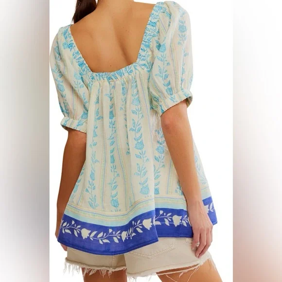Free People Santorini Print Puff Sleeve Empire Waist Long Cotton Tunic Top NEW L - Picture 7 of 11